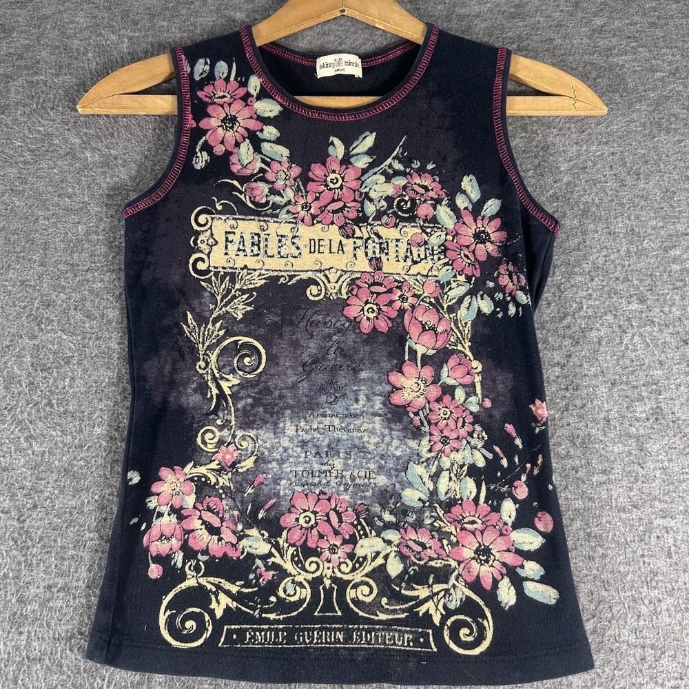 Women's Graphic Tee Sleeveless Grunge Black Hot Pink Stitching Biker Floral SZ S